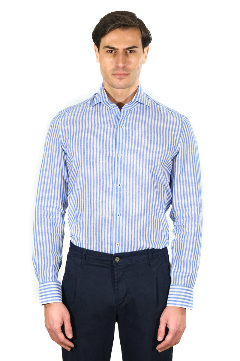 White and Azure Little Striped Linen Shirt - Italian Linen - Handmade in Italy