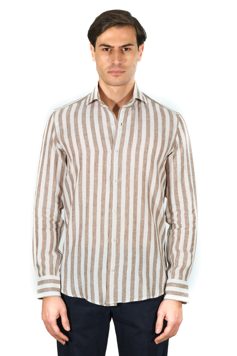 White and Brown Wide Striped Linen Shirt - Italian Linen - Handmade in Italy