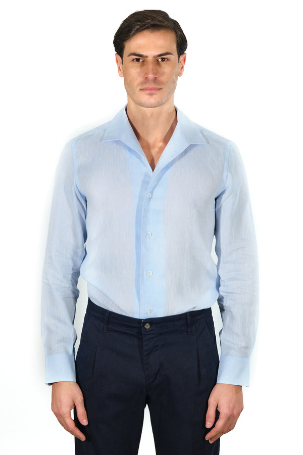 Light Azure Linen Shirt With Capri Collar- Italian Linen - Handmade in Italy