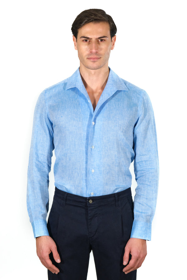 Azure Linen Shirt With Capri Collar- Italian Linen - Handmade in Italy