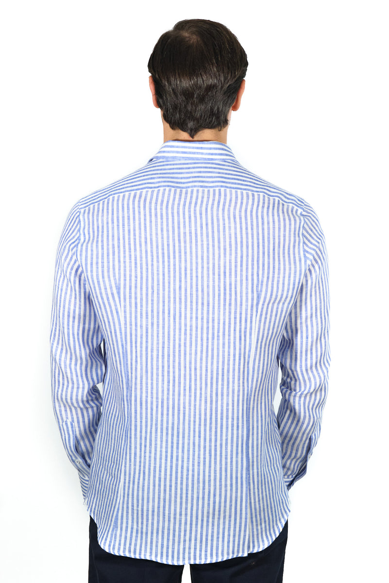 One Piece Collar White and Blue Little Striped Linen Shirt - Italian Linen - Handmade in Italy