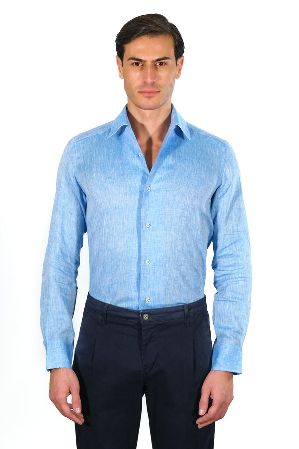 One Piece Collar Azure Linen  Shirt - Italian Linen - Handmade in Italy