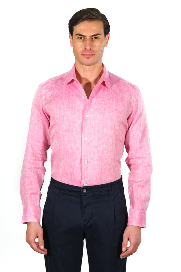One Piece Collar Pink Linen Shirt - Italian Linen - Handmade in Italy