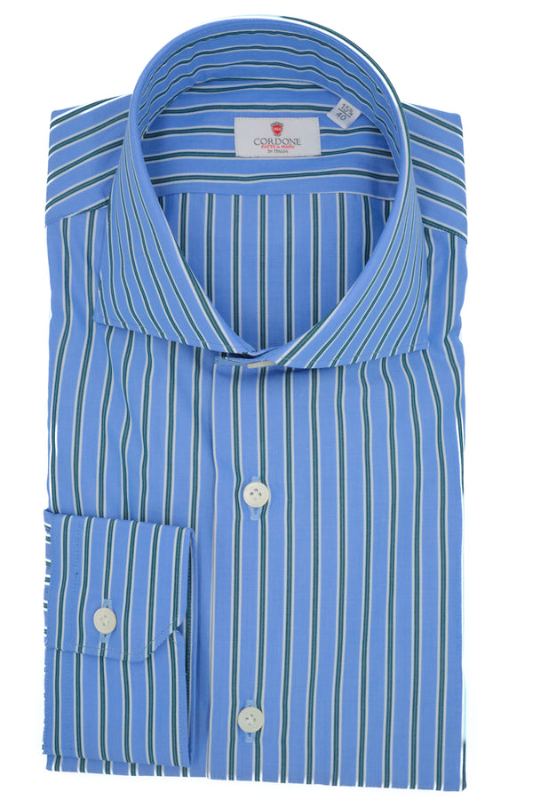 Azure shirt with green stripes - Outlet