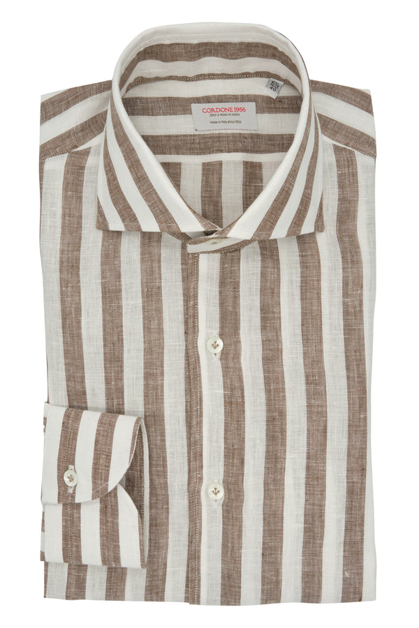 White and Brown Wide Striped Linen Shirt - Italian Linen - Handmade in Italy