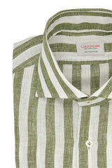 White and Green Wide Striped Linen Shirt - Italian Linen - Handmade in Italy