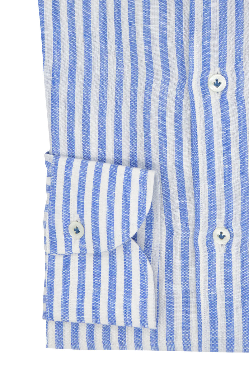 White and Azure Little Striped Linen Shirt - Italian Linen - Handmade in Italy