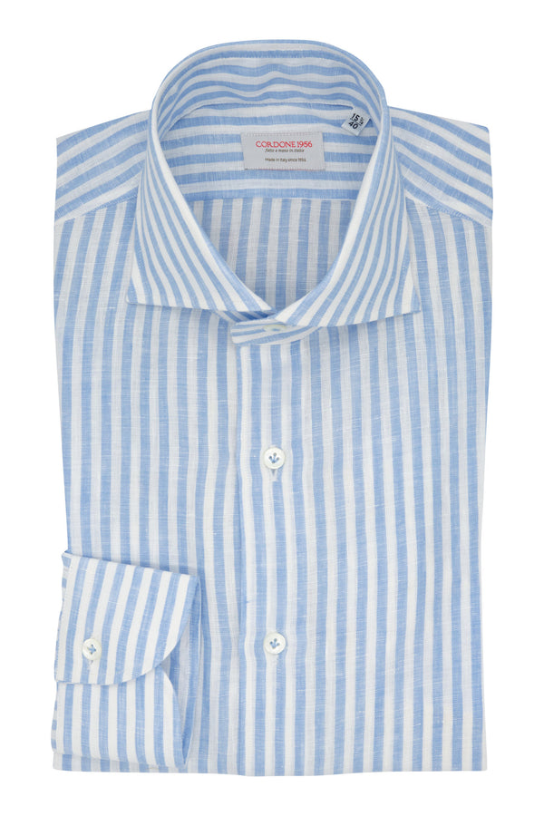 White and Light Azure Little Striped Linen Shirt - Italian Linen - Handmade in Italy