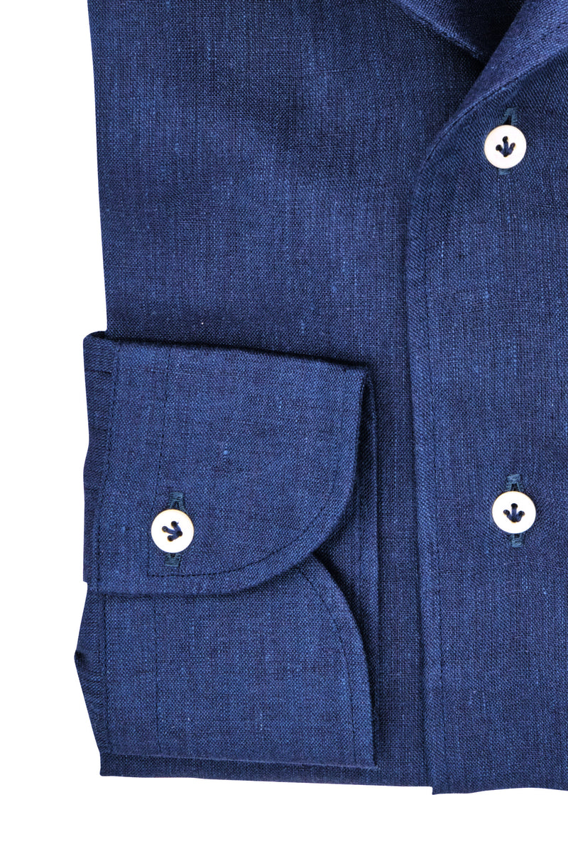 Blue Linen Shirt With Capri Collar- Italian Linen - Handmade in Italy