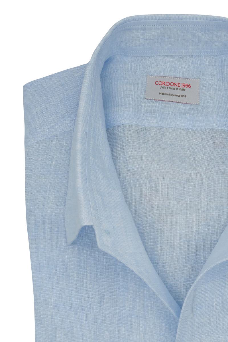 One Piece Collar Light Azure Linen  Shirt - Italian Linen - Handmade in Italy