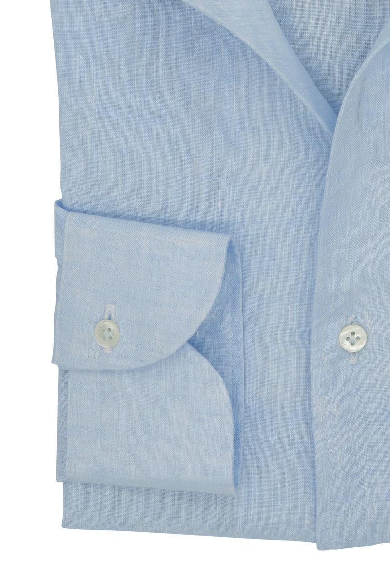 One Piece Collar Light Azure Linen  Shirt - Italian Linen - Handmade in Italy