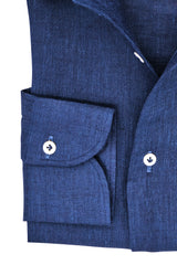 One Piece Collar Blue Linen  Shirt - Italian Linen - Handmade in Italy