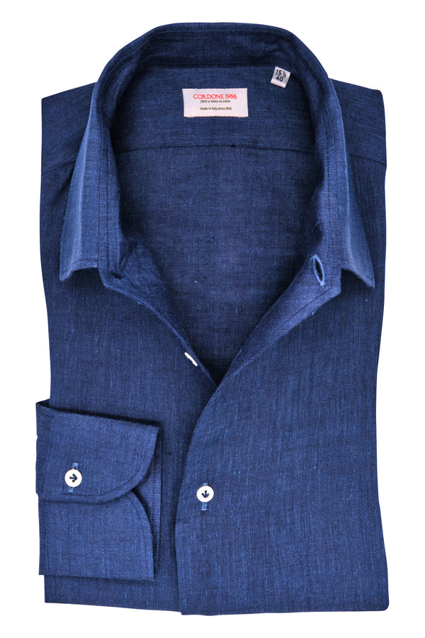 One Piece Collar Blue Linen  Shirt - Italian Linen - Handmade in Italy