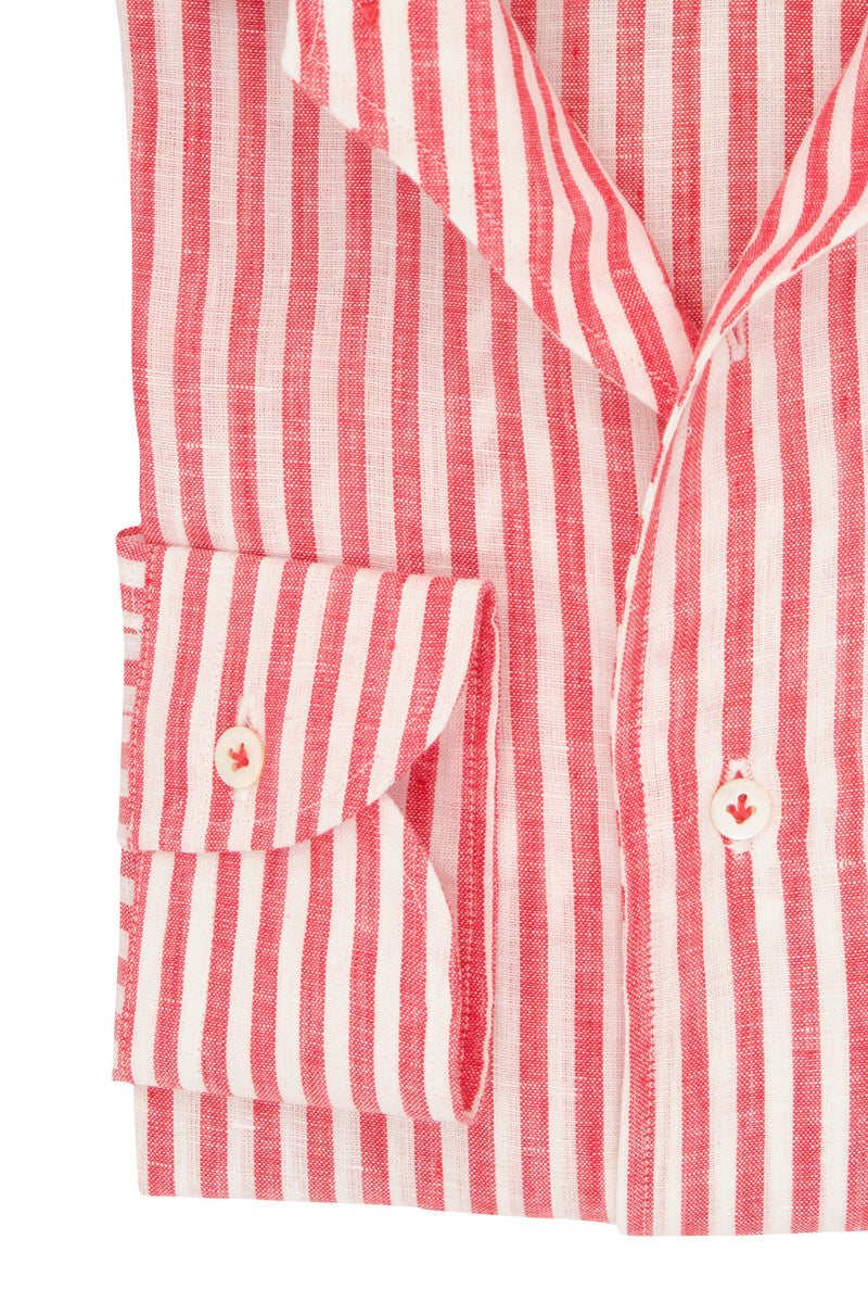 One Piece Collar White and Red Little Striped Linen Shirt - Italian Linen - Handmade in Italy
