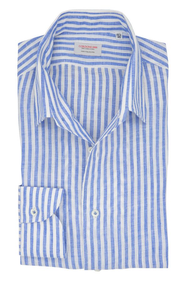 One Piece Collar White and Blue Little Striped Linen Shirt - Italian Linen - Handmade in Italy