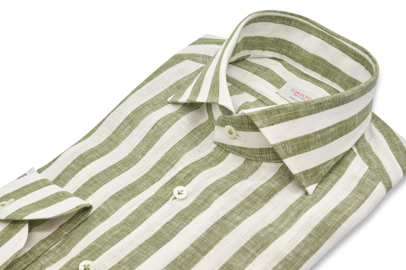 White and Green Wide Striped Linen Shirt - Italian Linen - Handmade in Italy