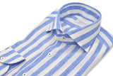 White and Azure Wide Striped Linen Shirt - Italian Linen - Handmade in Italy