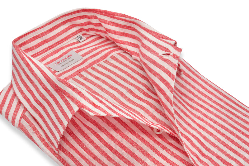One Piece Collar White and Red Little Striped Linen Shirt - Italian Linen - Handmade in Italy