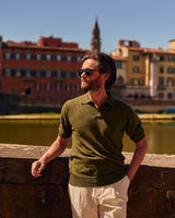 Green Cotton Thread Polo Sweater Short Sleeve