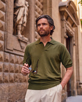Green Cotton Thread Polo Sweater Short Sleeve