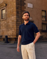 Blue Cotton Thread Polo Sweater Short Sleeve