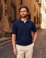 Blue Cotton Thread Polo Sweater Short Sleeve