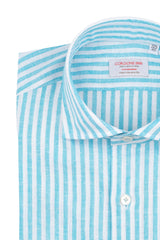 Camicia Righe Cotone Lino Turchese 
