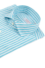 Camicia Righe Cotone Lino Turchese 