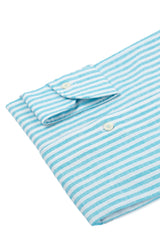 Camicia Righe Cotone Lino Turchese 
