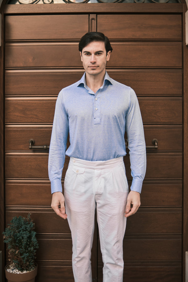 Polo Camicia Seta Cotone Azzurra Fatta A Mano
