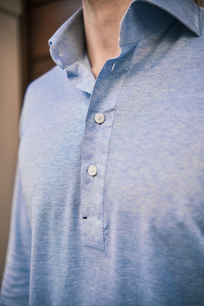 Polo Camicia Seta Cotone Azzurra Fatta A Mano