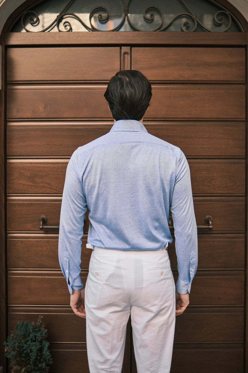 Polo Camicia Seta Cotone Azzurra Fatta A Mano