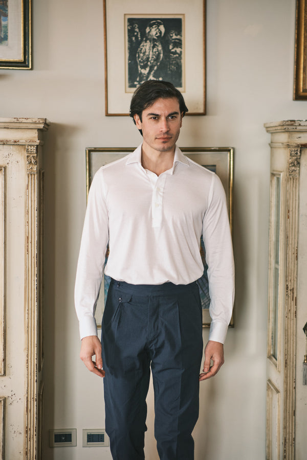 Polo Camicia Seta Cotone Bianca Fatta A Mano