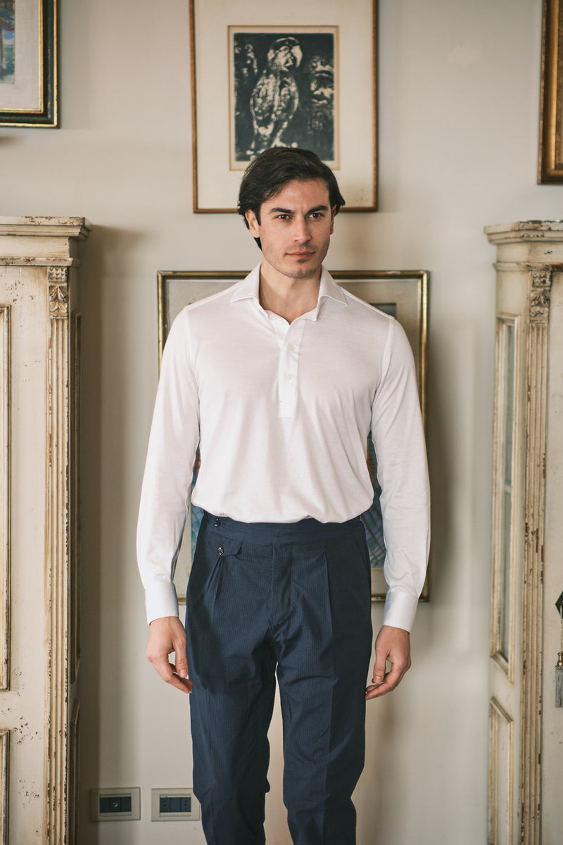 White Cotton Silk Polo Shirt Handmade