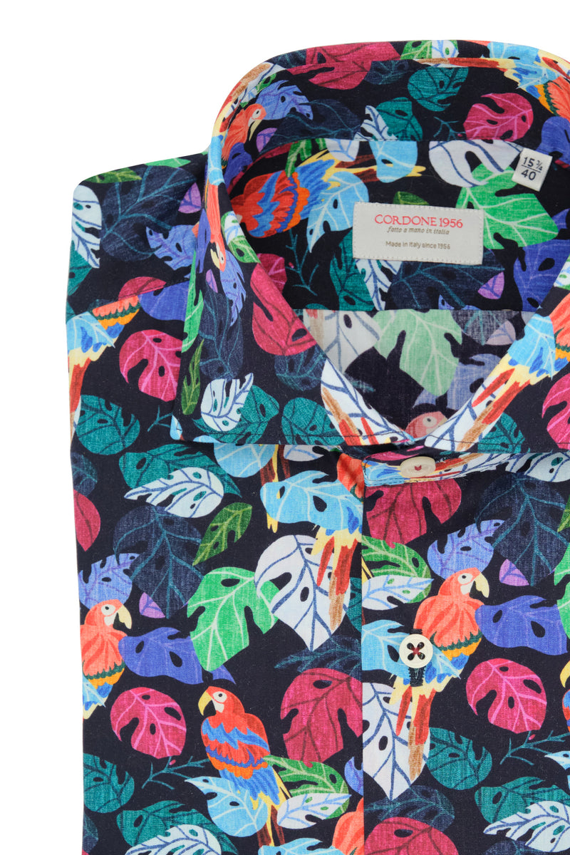 Parrots Blue Shirt - Italian Cotton   - Handmade in Italy