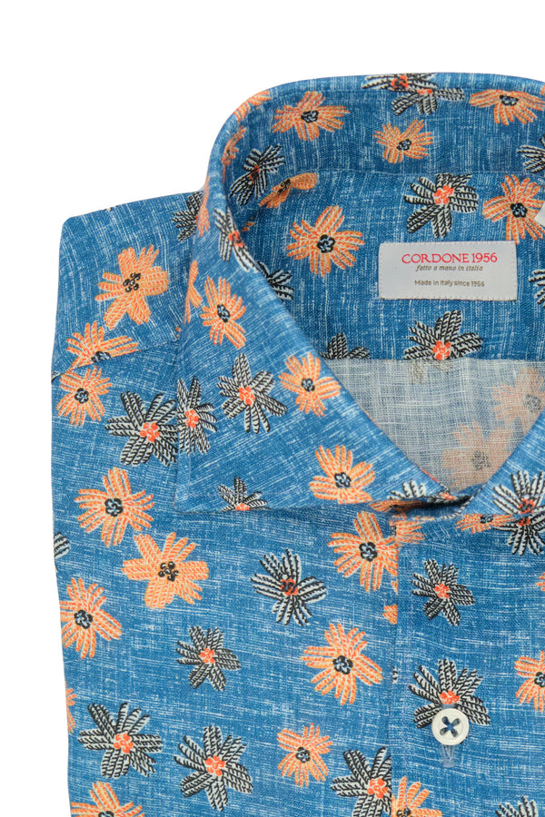 Blue Big Floral Shirt - Italian Linen - Handmade in Italy