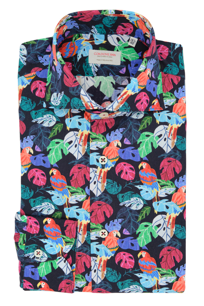 Parrots Blue Shirt - Italian Cotton   - Handmade in Italy