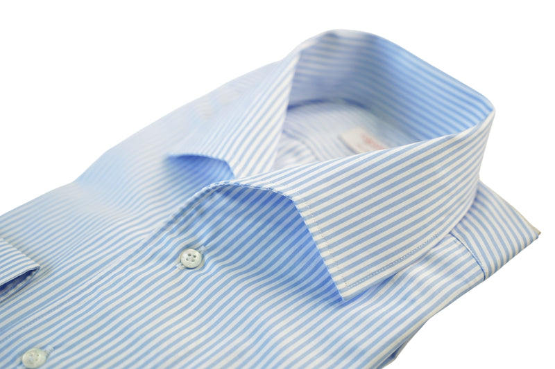 Azure And White big Stripes Cotton Capri Collar Shirt- Italian Cotton - Handmade in Italy
