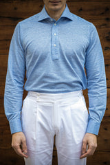Light Azure Linen Blend Polo Shirt Handmade