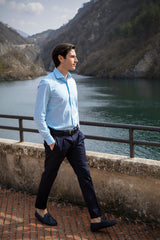 Camicia Righe Cotone Lino Turchese 