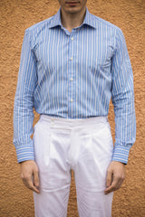 Camicia Multi Riga Popeline Celeste Fatta a Mano 
