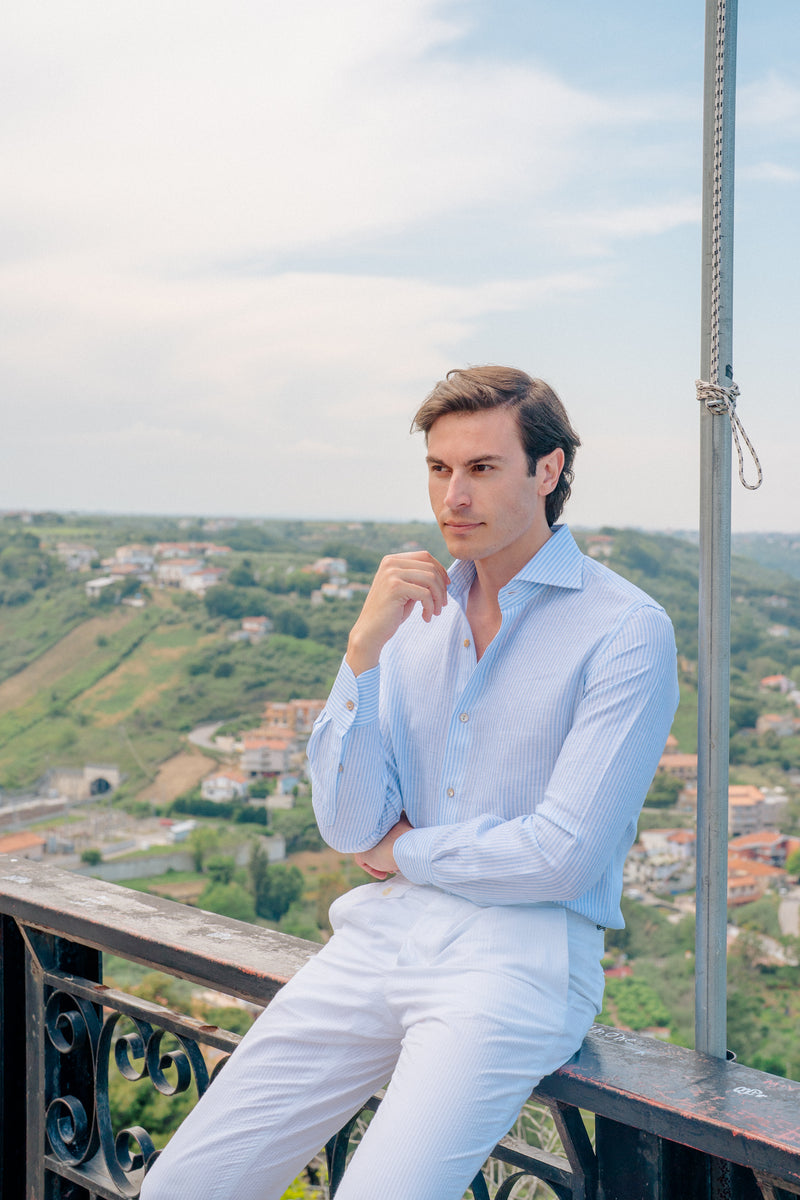 LIGHT BLUE AND WHITE SMALL STRIPE LINEN SHIRT