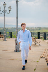 LIGHT BLUE AND WHITE SMALL STRIPE LINEN SHIRT