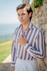 Wide Striped Brown and White Shirt in Linen Blend