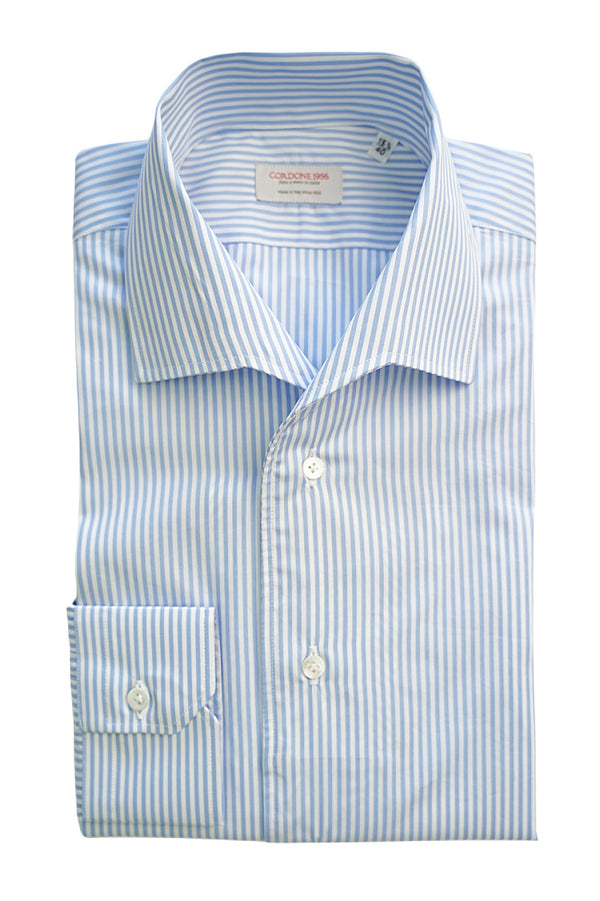 Azure And White big Stripes Cotton Capri Collar Shirt- Italian Cotton - Handmade in Italy