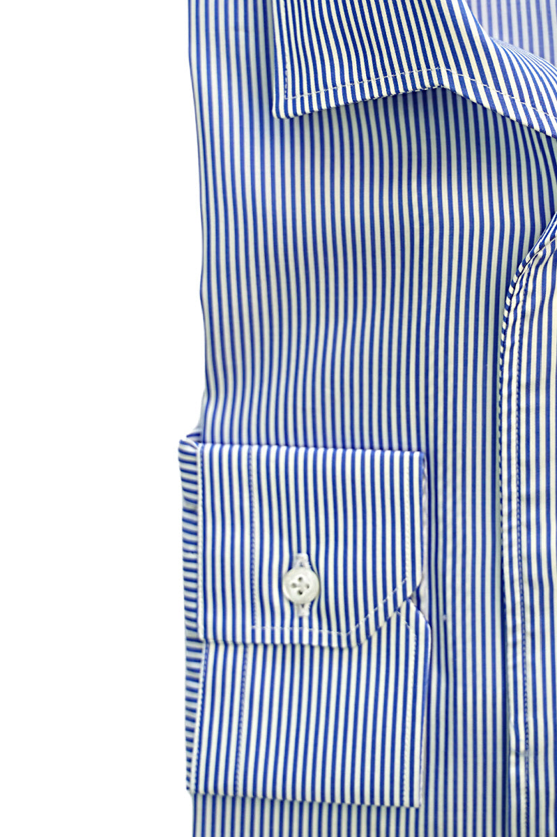 Blue And White Stripes Cotton Capri Collar Shirt- Italian Cotton - Handmade in Italy