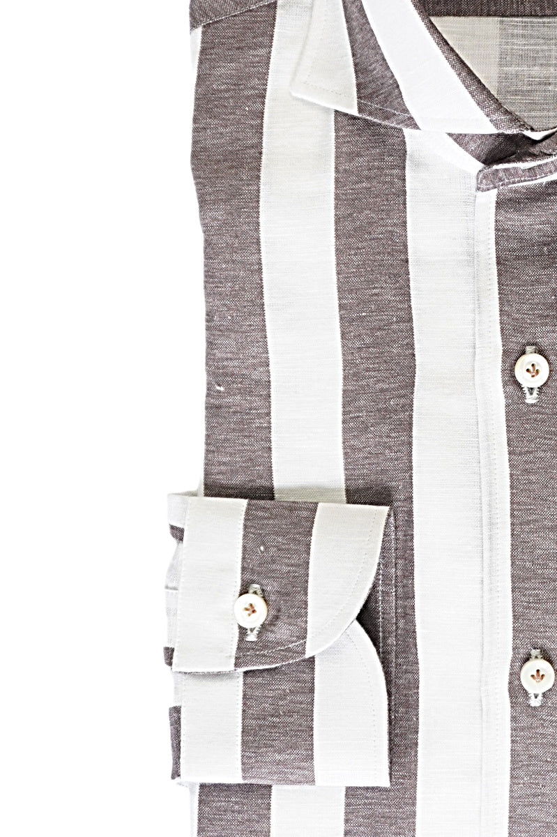 Wide Striped Brown and White Shirt in Linen Blend