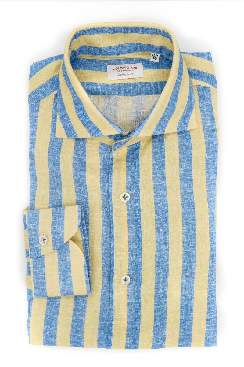 LINEN BIG STRIPES AZURE AND YELLOW