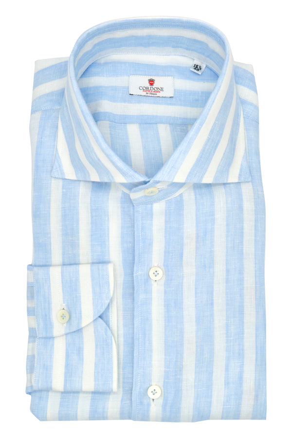 WHITE AND LIGHT BLUE LINEN SHIRT WITH WIDE STRIPES