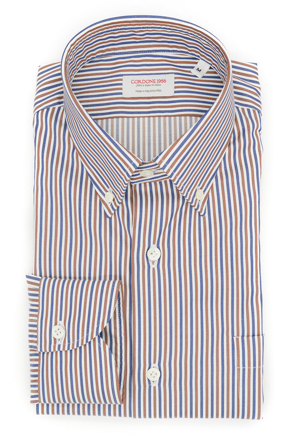 BROWN, BLUE AND WHITE STRIPED SHIRT